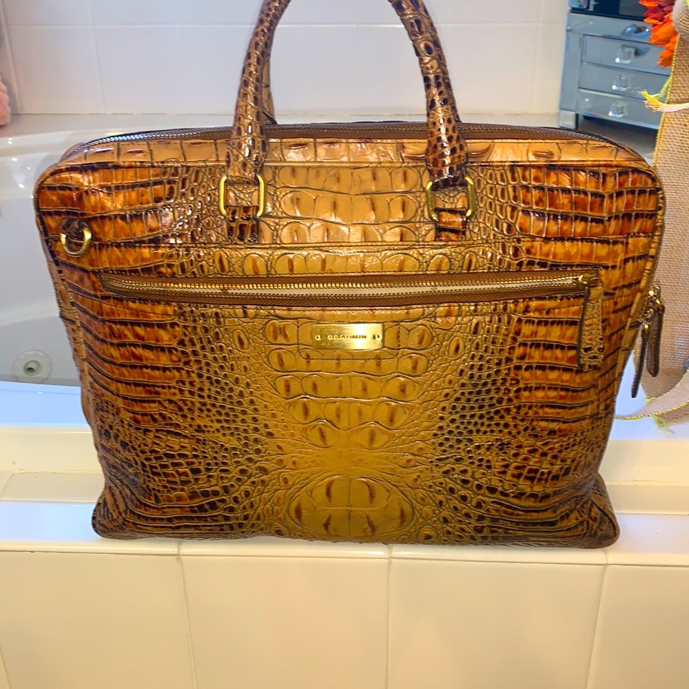 Brahmin Tan and Brown Laptop Bag Crocodile Embossed